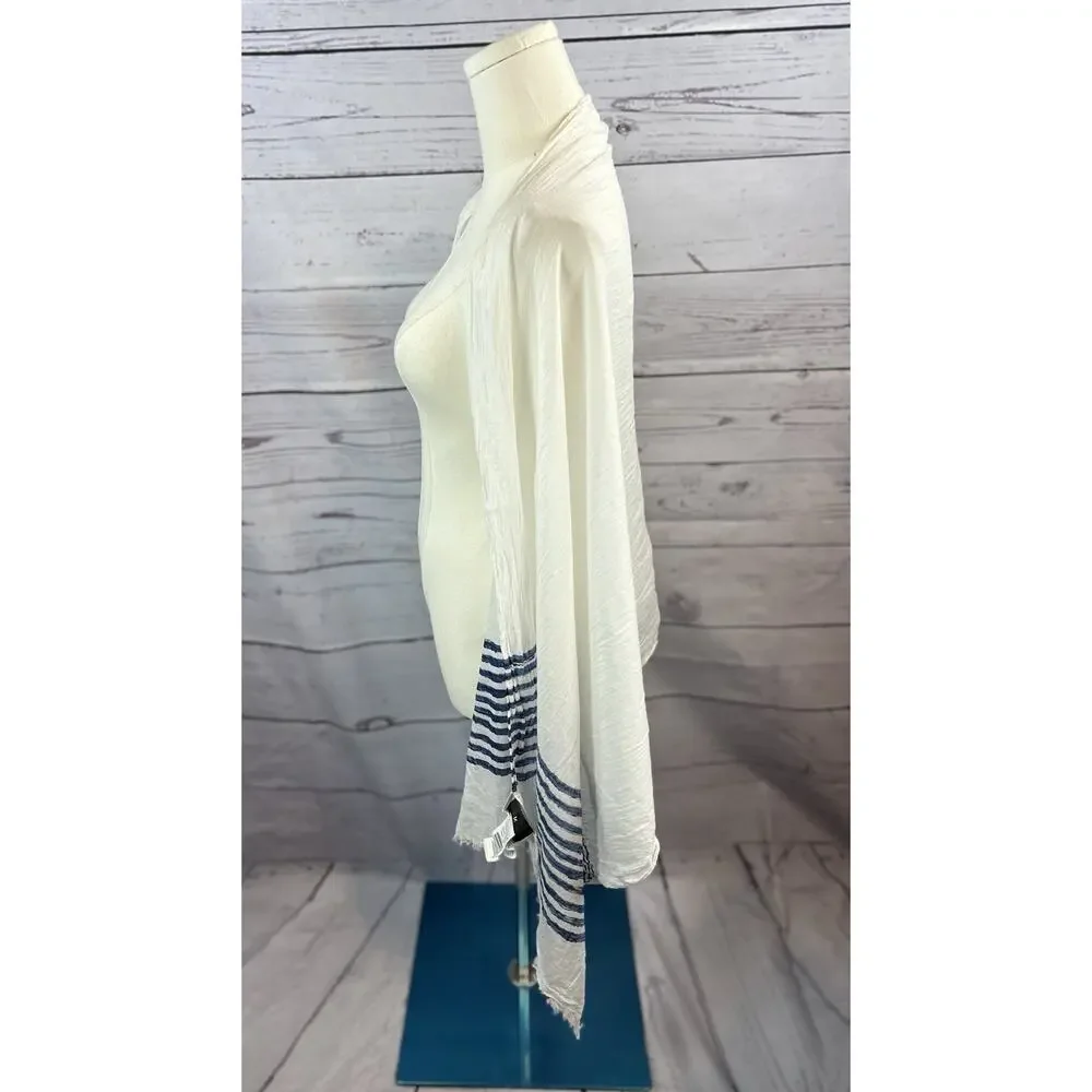 MNG White Blue Stripe Cotton Scarf Shawl Wrap Fringe Raw Hem Lightweight - Picture 3 of 4